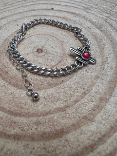 Cactus and Pink Stone Cuban Chain Bracelet - Cowhide and Conchos