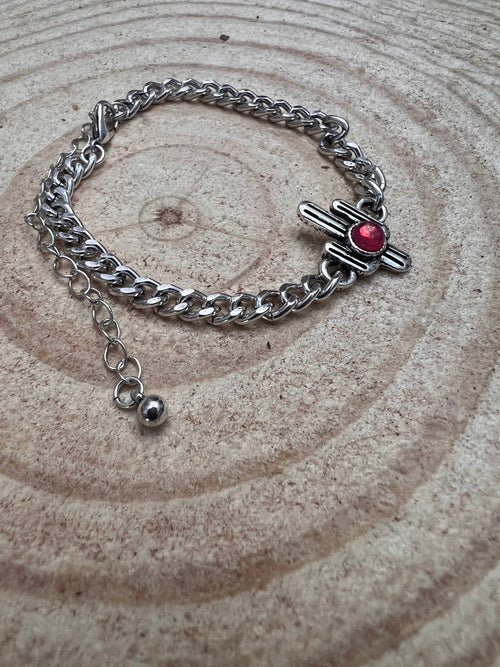 Cactus and Pink Stone Cuban Chain Bracelet - Cowhide and Conchos