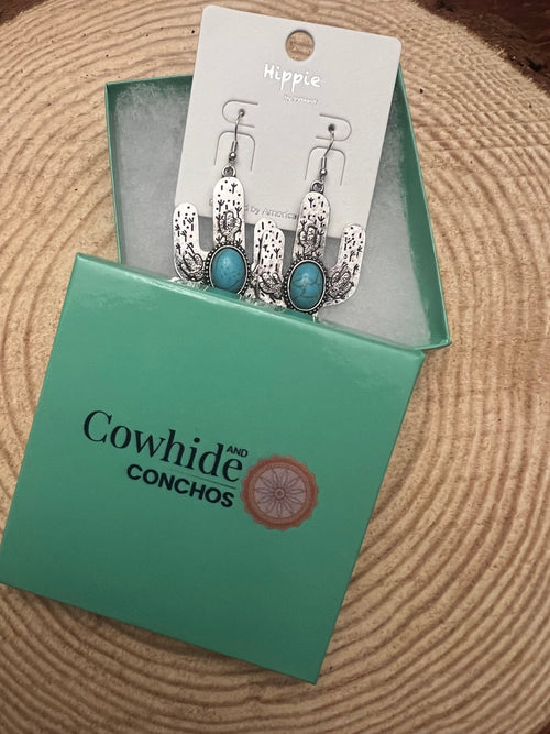 Cactus Dangle Earrings with Faux Turquoise - 2 1/2 inch drop - Cowhide and Conchos