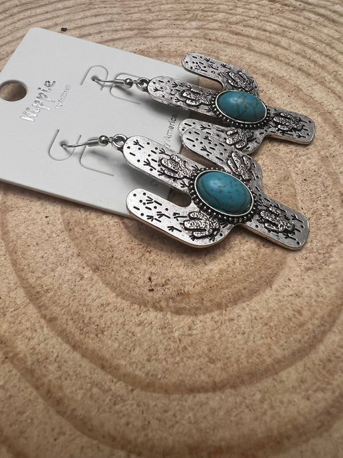 Cactus Dangle Earrings with Faux Turquoise - 2 1/2 inch drop - Cowhide and Conchos