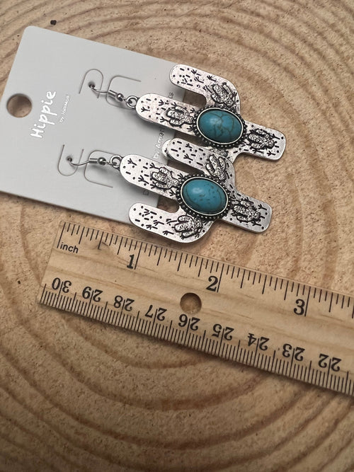 Cactus Dangle Earrings with Faux Turquoise - 2 1/2 inch drop - Cowhide and Conchos