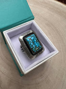 Calvin Martinez Navajo Sterling Silver Ring with Kingman Turquoise — Size 8.5, 1 1/4" × 1" Face (C.Mtz Hallmarked, Heirloom) - Cowhide and Conchos