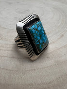 Calvin Martinez Navajo Sterling Silver Ring with Kingman Turquoise — Size 8.5, 1 1/4" × 1" Face (C.Mtz Hallmarked, Heirloom) - Cowhide and Conchos