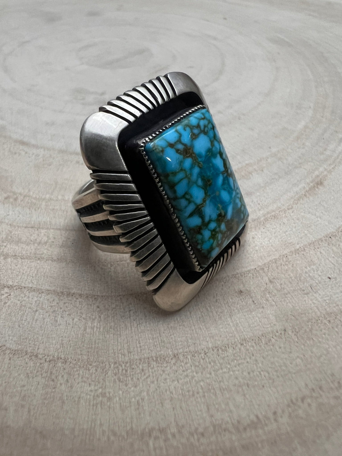 Calvin Martinez Navajo Sterling Silver Ring with Kingman Turquoise — Size 8.5, 1 1/4" × 1" Face (C.Mtz Hallmarked, Heirloom) - Cowhide and Conchos