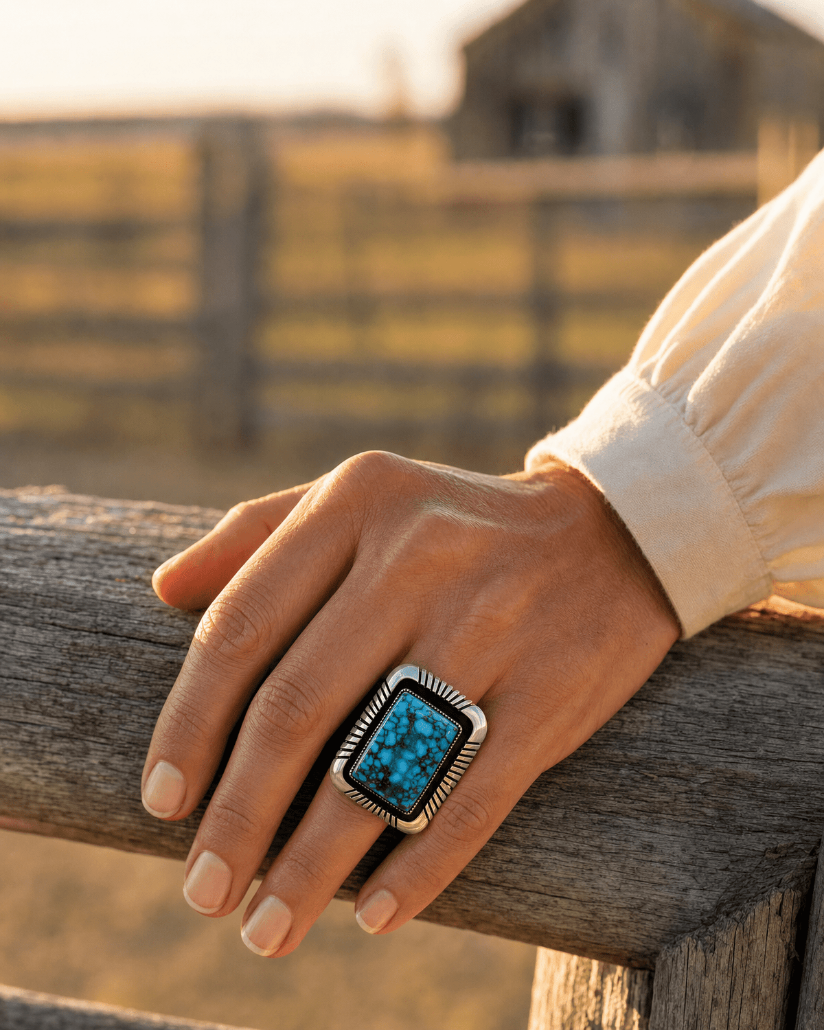 Calvin Martinez Navajo Sterling Silver Ring with Kingman Turquoise — Size 8.5, 1 1/4" × 1" Face (C.Mtz Hallmarked, Heirloom) - Cowhide and Conchos