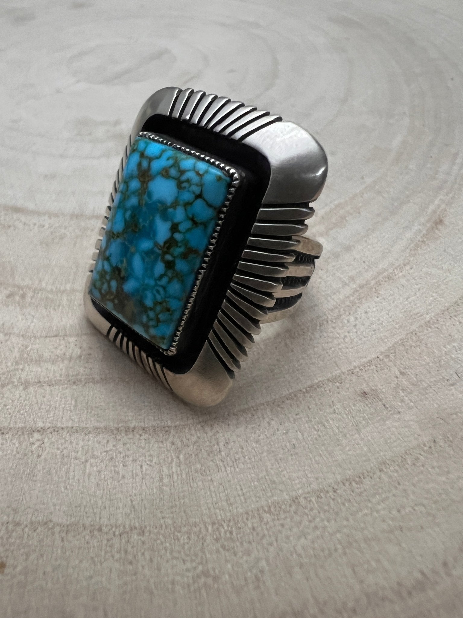 Calvin Martinez Navajo Sterling Silver Ring with Kingman Turquoise — Size 8.5, 1 1/4" × 1" Face (C.Mtz Hallmarked, Heirloom) - Cowhide and Conchos