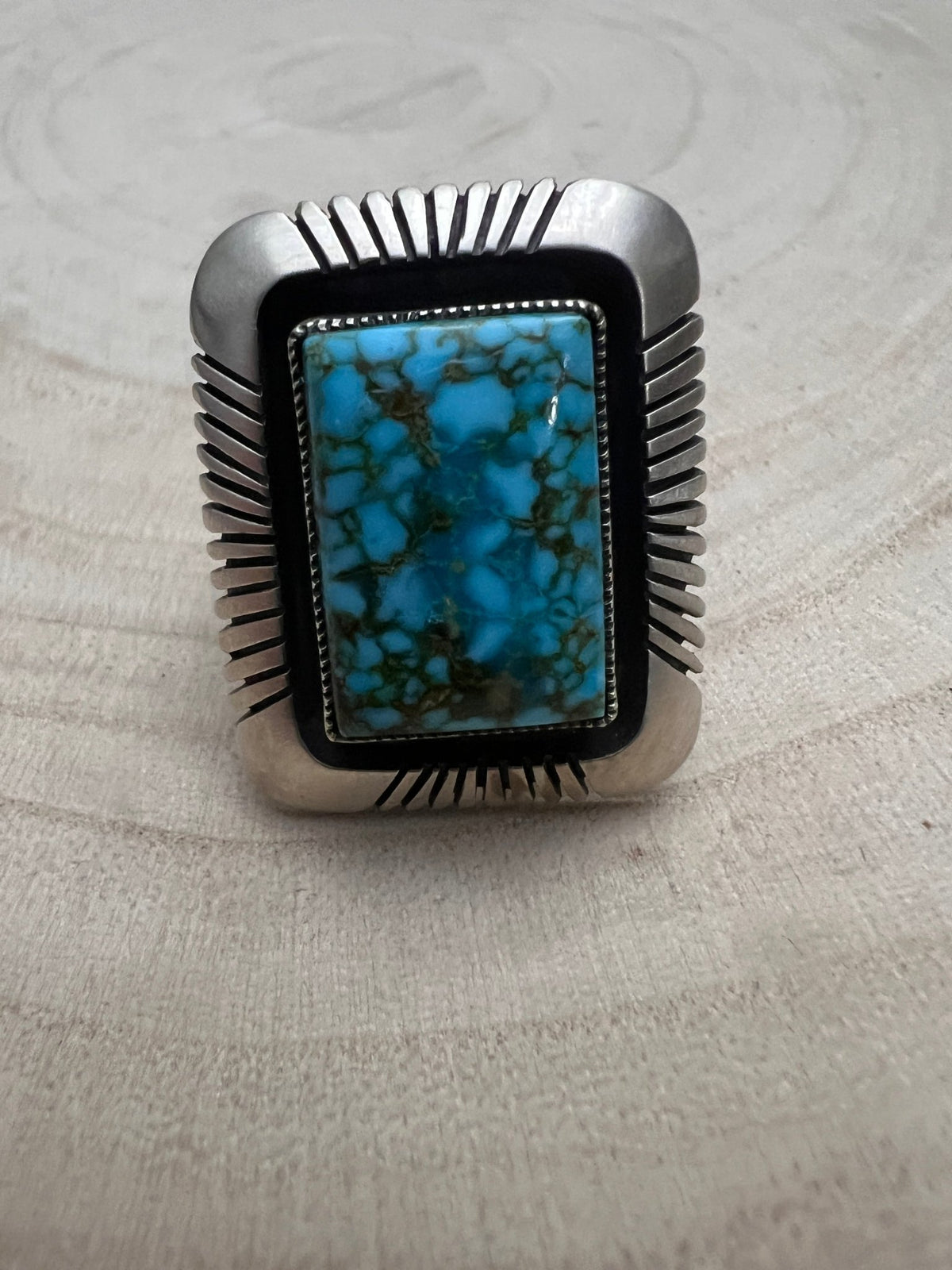 Calvin Martinez Navajo Sterling Silver Ring with Kingman Turquoise — Size 8.5, 1 1/4" × 1" Face (C.Mtz Hallmarked, Heirloom) - Cowhide and Conchos
