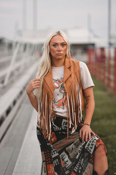 Camel Open Front Fringe Vest - Cowhide and Conchos