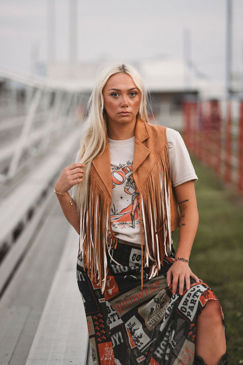 Camel Open Front Fringe Vest - Cowhide and Conchos