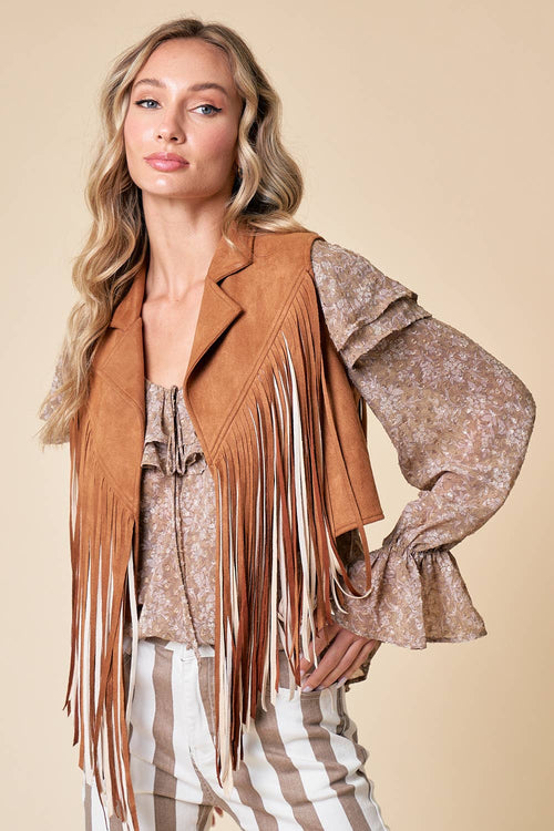 Camel Open Front Fringe Vest - Cowhide and Conchos