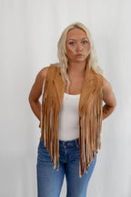 Camel Open Front Fringe Vest - Cowhide and Conchos