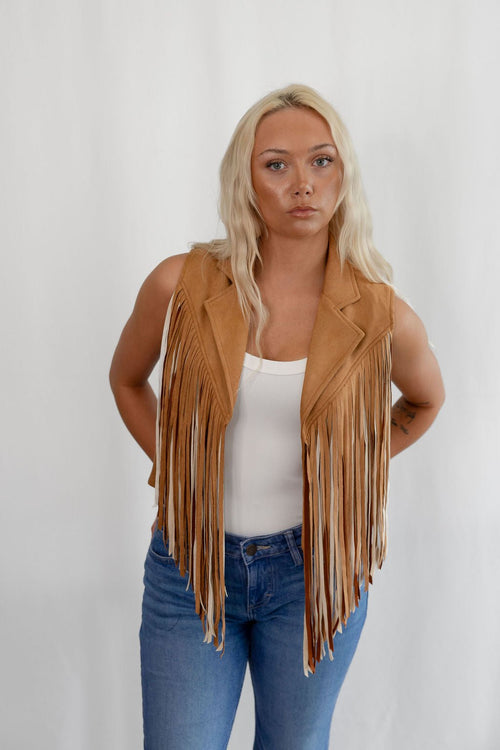 Camel Open Front Fringe Vest - Cowhide and Conchos