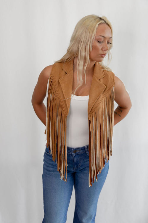 Camel Open Front Fringe Vest - Cowhide and Conchos