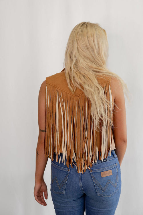 Camel Open Front Fringe Vest - Cowhide and Conchos