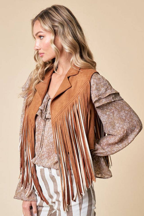 Camel Open Front Fringe Vest - Cowhide and Conchos