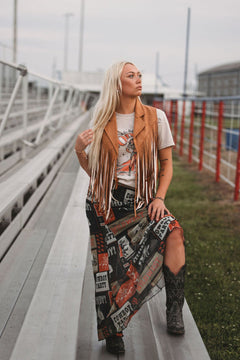 Camel Open Front Fringe Vest - Cowhide and Conchos