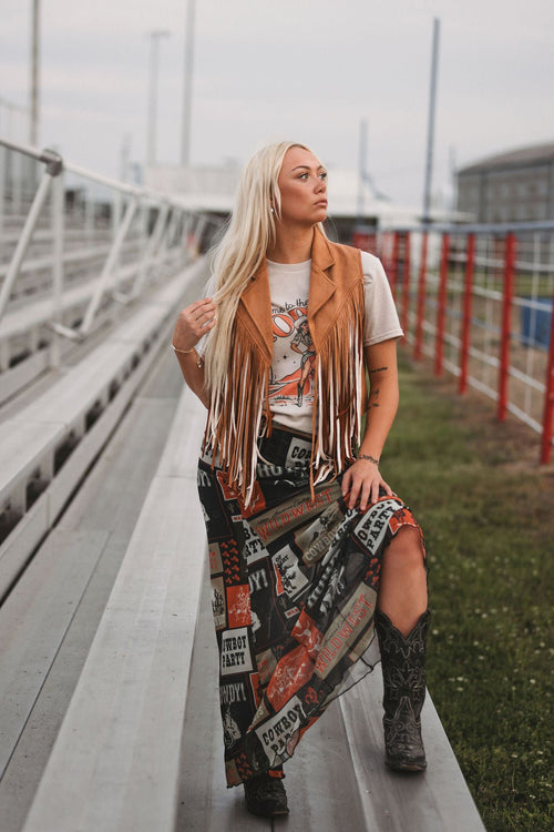 Camel Open Front Fringe Vest - Cowhide and Conchos