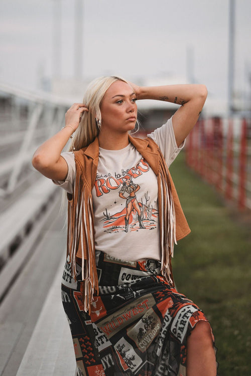 Camel Open Front Fringe Vest - Cowhide and Conchos