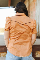 Camel Suede Contrast Arrow Pearl Snap Puff Sleeve Top - Cowhide and Conchos
