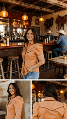 Camel Suede Western Pearl Snap Top – Puff Sleeve Cowgirl Shirt - Cowhide and Conchos