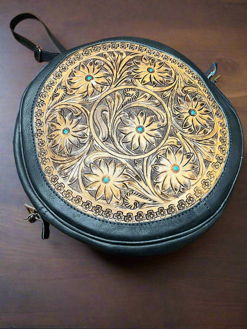 Canteen Bag - Green Leather & Hair on Hide - Cowhide and Conchos
