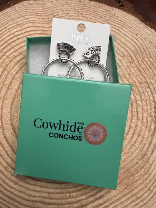 Card Theme Hoop Fashion Earrings - 2 inch drop - Cowhide and Conchos