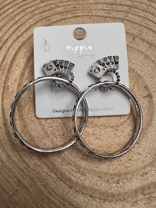 Card Theme Hoop Fashion Earrings - 2 inch drop - Cowhide and Conchos