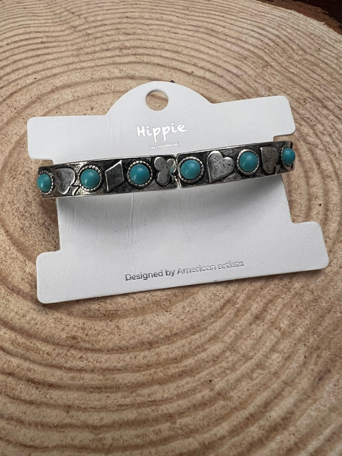 Card Theme Stretch Bracelet with Faux Turquoise - Cowhide and Conchos