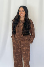 Cassidy Wild West Printed Knit Top - Cream or Brown - Cowhide and Conchos