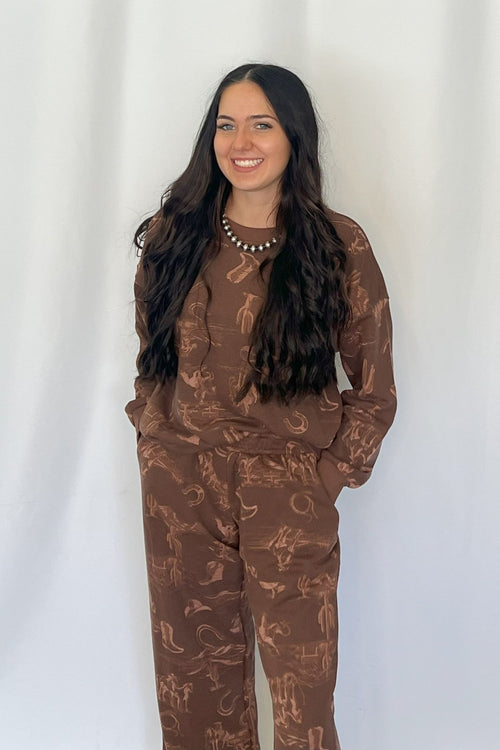Cassidy Wild West Printed Knit Top - Cream or Brown - Cowhide and Conchos