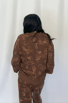 Cassidy Wild West Printed Knit Top - Cream or Brown - Cowhide and Conchos