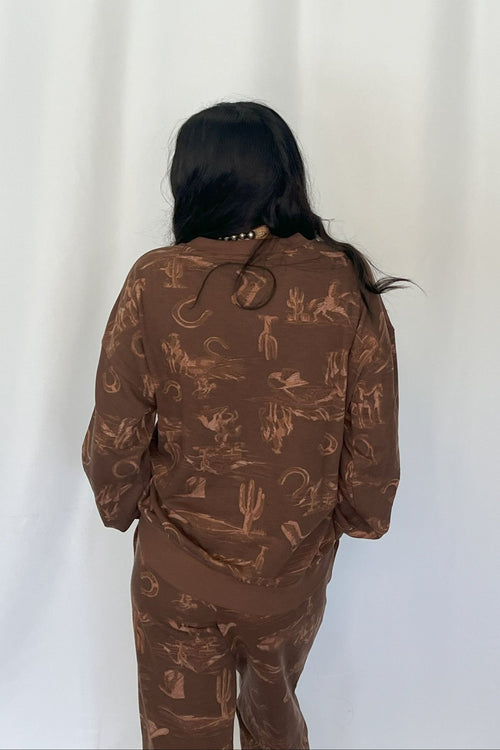 Cassidy Wild West Printed Knit Top - Cream or Brown - Cowhide and Conchos