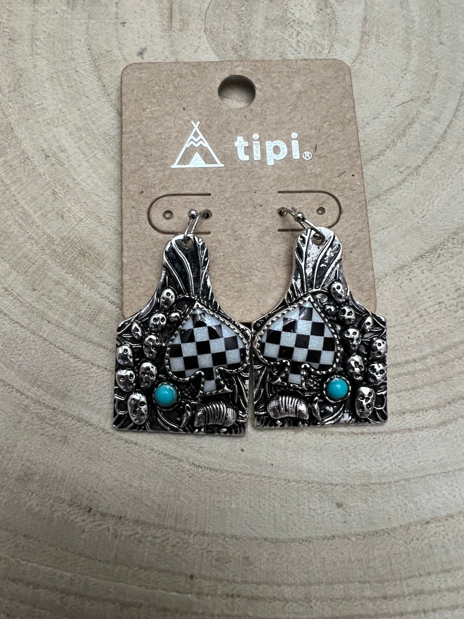 Cattle Tag Armadillo Spade Checker Earrings - Cowhide and Conchos