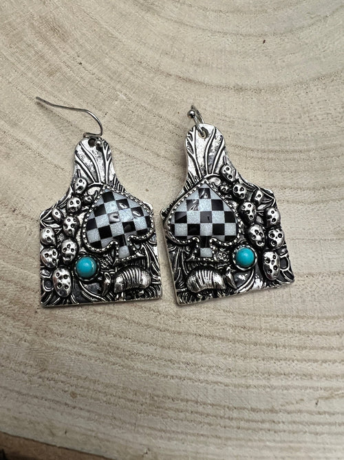 Cattle Tag Armadillo Spade Checker Earrings - Cowhide and Conchos