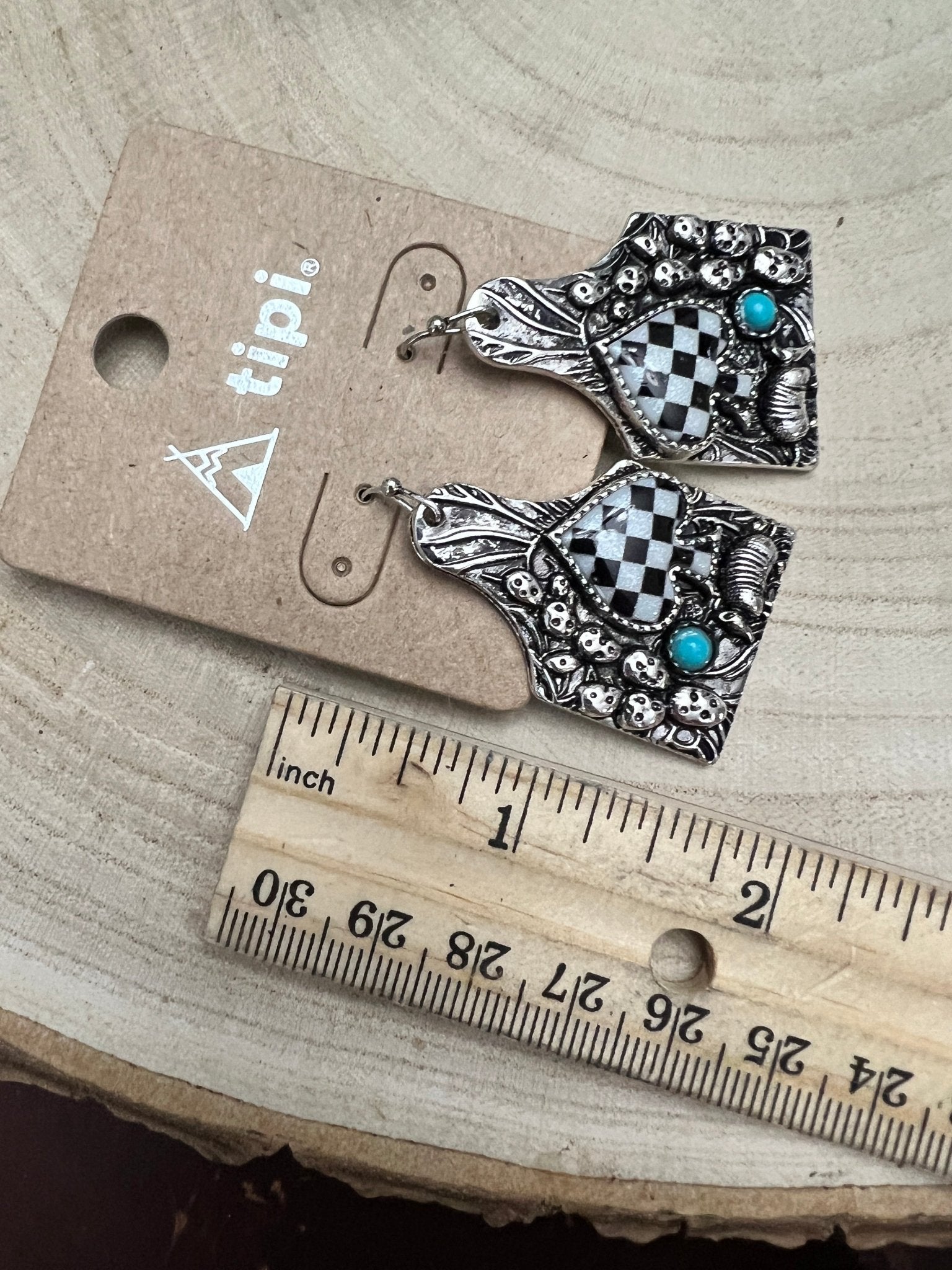 Cattle Tag Armadillo Spade Checker Earrings - Cowhide and Conchos