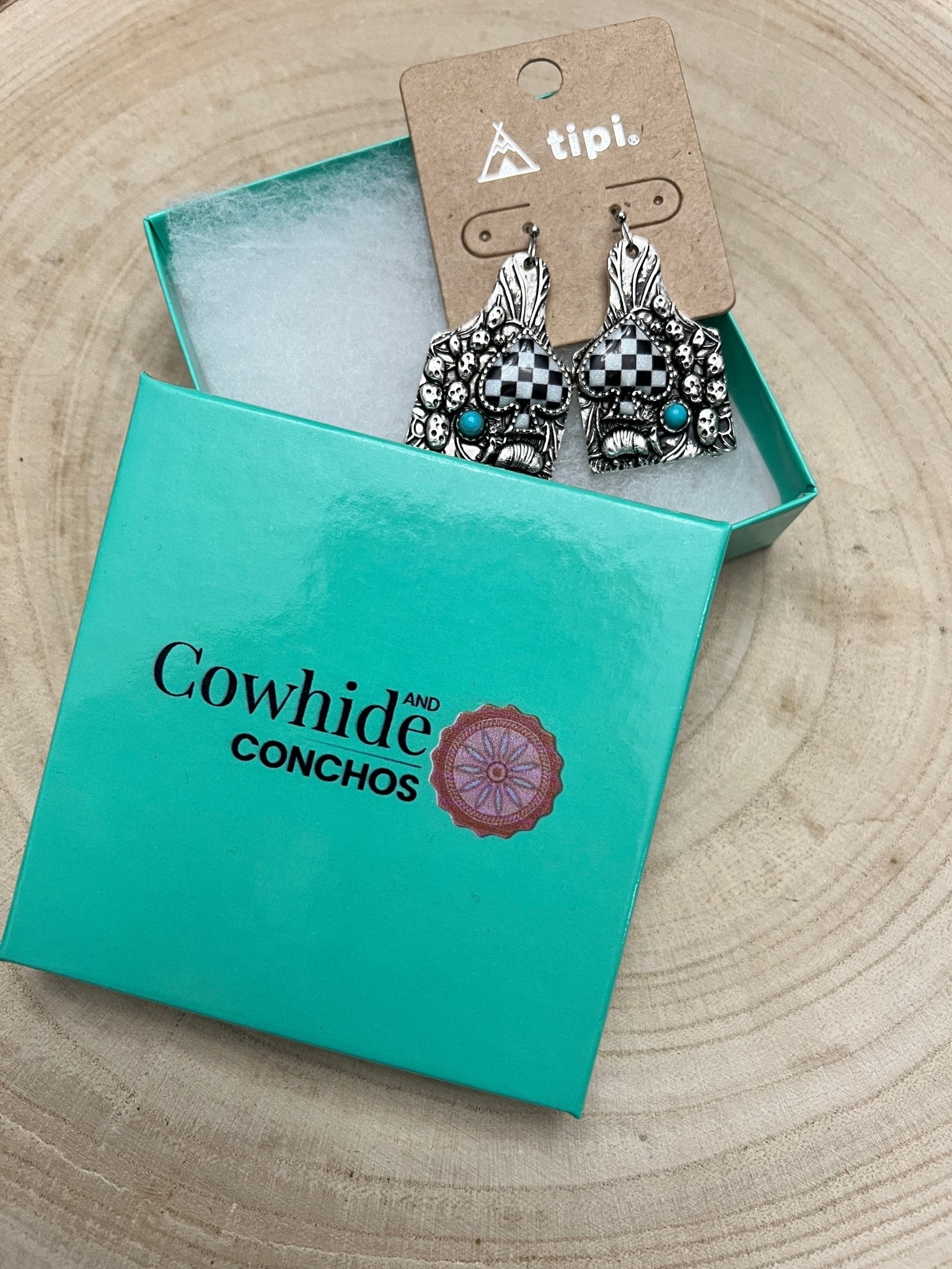 Cattle Tag Armadillo Spade Checker Earrings - Cowhide and Conchos