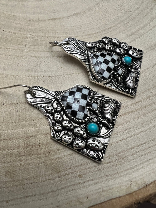 Cattle Tag Armadillo Spade Checker Earrings - Cowhide and Conchos