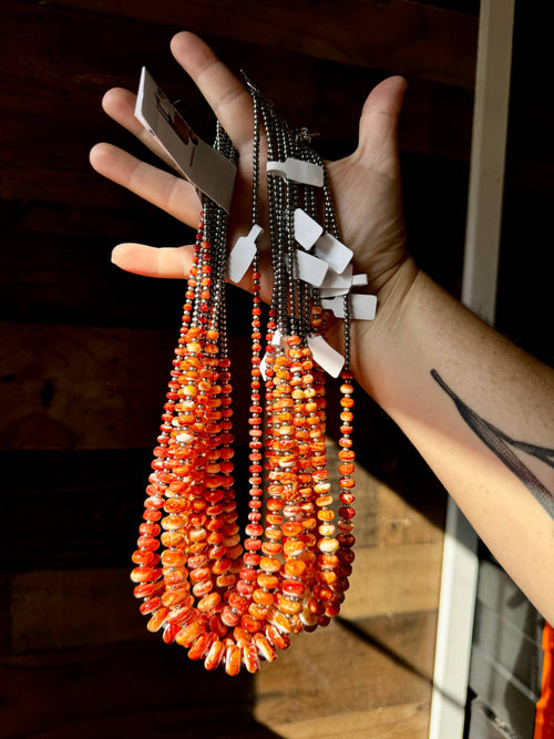 Orange spiny and sterling silver pearls - 22 Inch