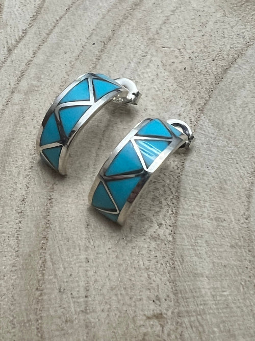 Charlene Sice Turquoise Inlay & Sterling Silver Earrings - Cowhide and Conchos