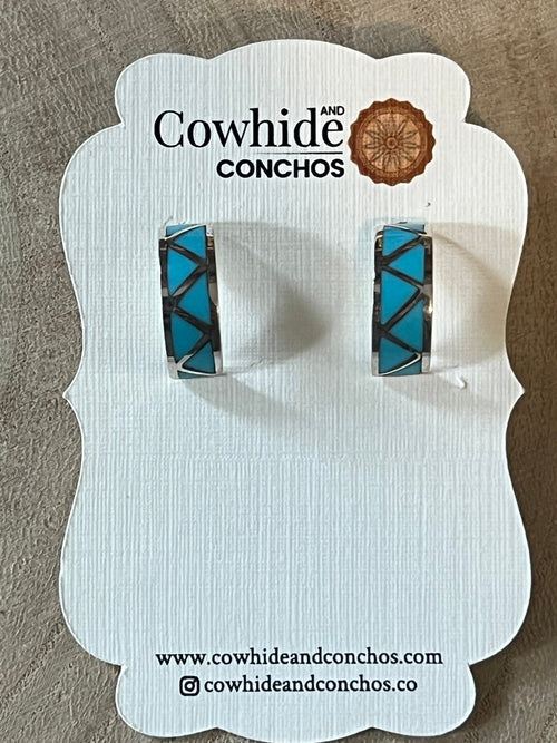 Charlene Sice Turquoise Inlay & Sterling Silver Earrings - Cowhide and Conchos