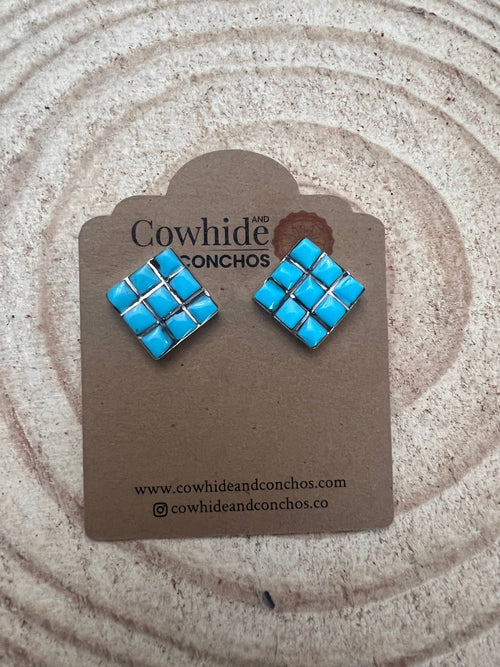 Charles Malani Turquoise & Sterling Silver Earrings - Cowhide and Conchos