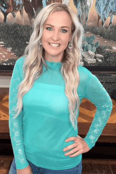 Checked In Turquoise Mesh Top - Cowhide and Conchos