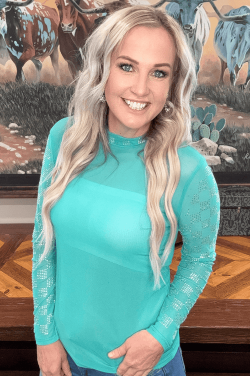Checked In Turquoise Mesh Top - Cowhide and Conchos