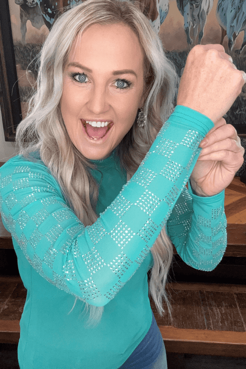 Checked In Turquoise Mesh Top - Cowhide and Conchos