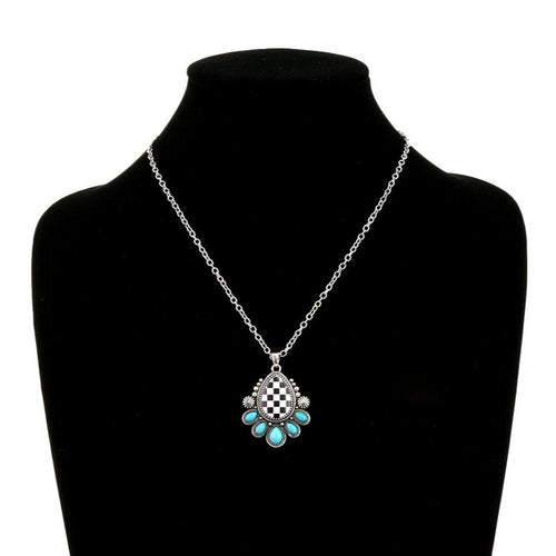 Checker Pattern Teardrop with Concho Necklace - Cowhide and Conchos