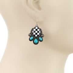 Checker Teardrop Dangle Earrings - Cowhide and Conchos