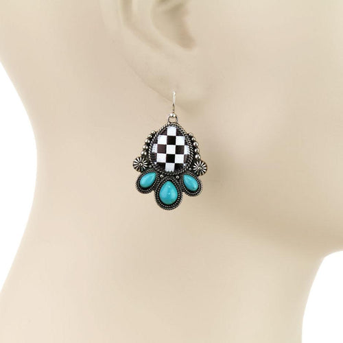 Checker Teardrop Dangle Earrings - Cowhide and Conchos