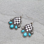 Checker Teardrop Dangle Earrings - Cowhide and Conchos