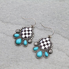 Checker Teardrop Dangle Earrings - Cowhide and Conchos