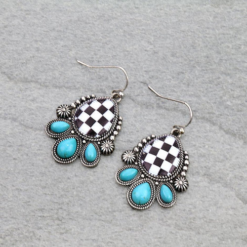 Checker Teardrop Dangle Earrings - Cowhide and Conchos